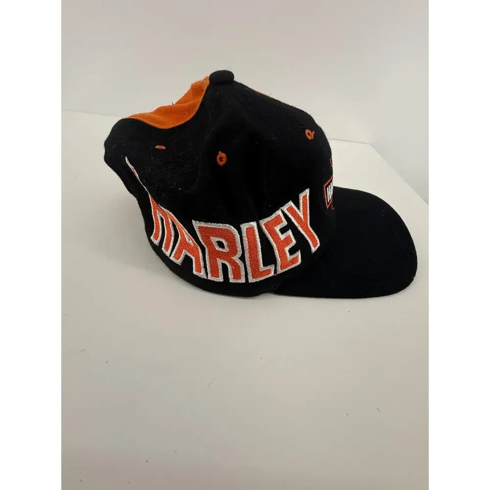 Harley Davidson Vintage 90s Snapback Hat Distressed Biker Orange Black Wool READ